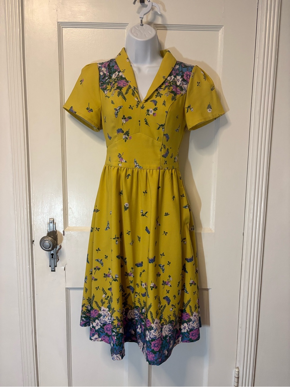 ModCloth Yellow Floral Midi Fit-and-Flare Dress with Pockets